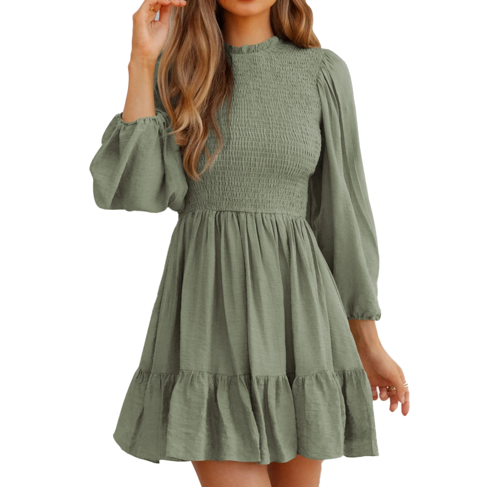 Women Round Lace Neck Dress with Elastic Waist Lantern Long Sleeve Dress for Spring and Autumn Light Green XL