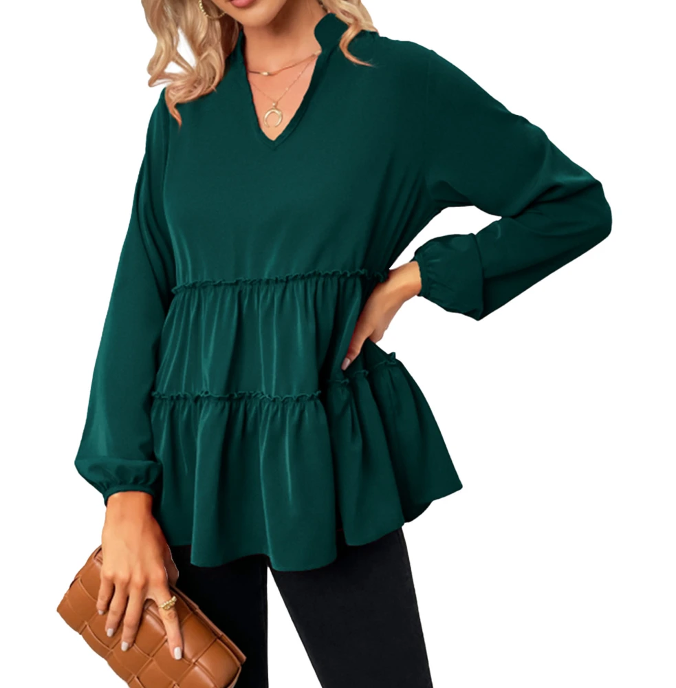 Tops Pure Color Polyester Fiber Machine Washable V Neck Ruffles Long Sleeved Blouse for Women Green L