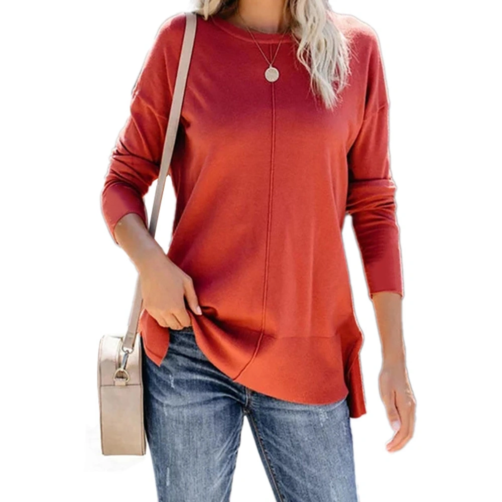 Women Long Sleeve Shirts Pure Color Casual Loose Crewneck Side Split Tunic Top for Daily Wear Red XL