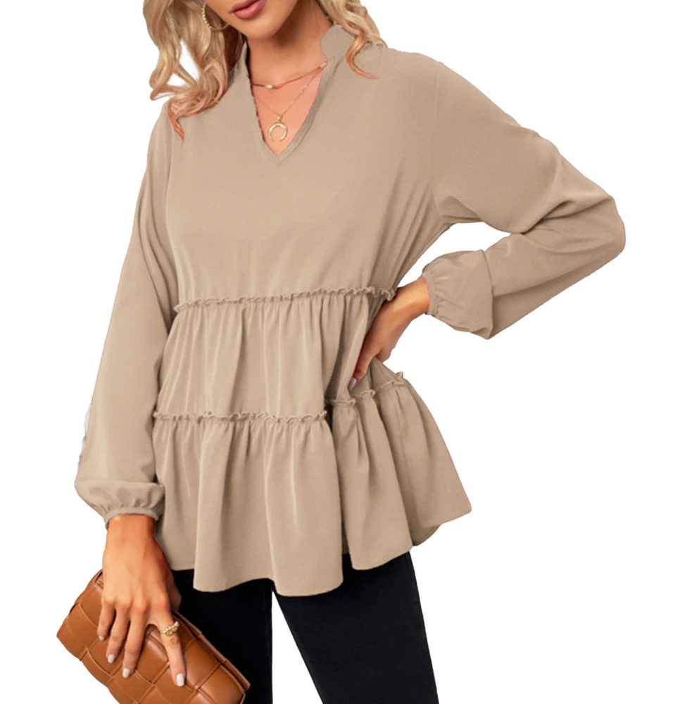 Tops Pure Color Polyester Fiber Machine Washable V Neck Ruffles Long Sleeved Blouse for Women Khaki S