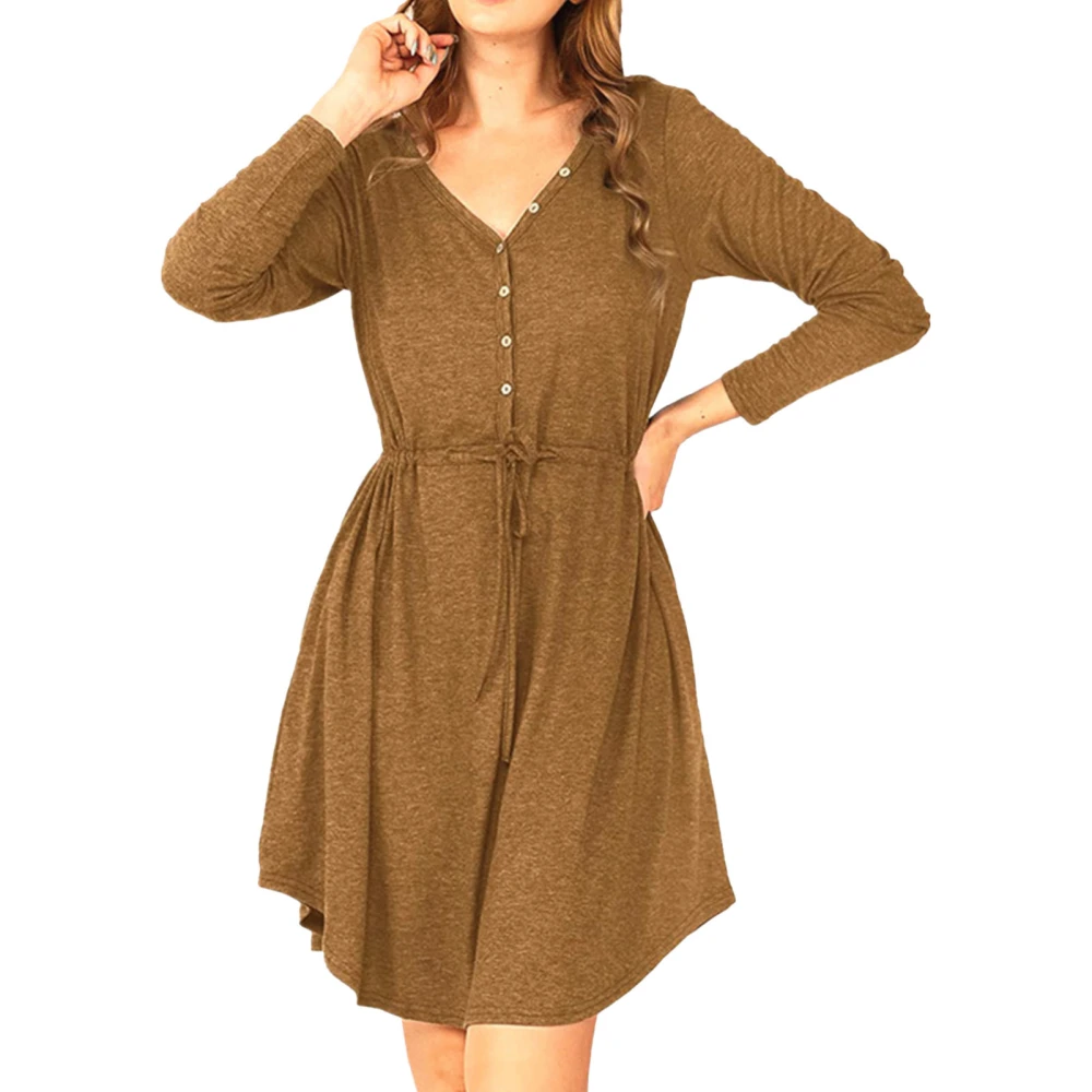 Women Dress with Belt Buttons Pure Color V Neck Long Sleeved Short Dress for Fall Winter Khaki L