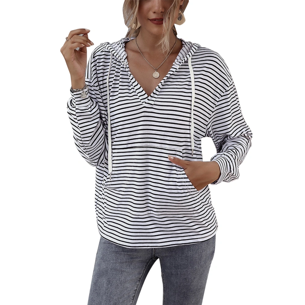 Women Long Sleeve Hoodies V Neck Pullover Striped Sweatshirts Ladies Casual Loose Sweatshirts Black White Stripes M