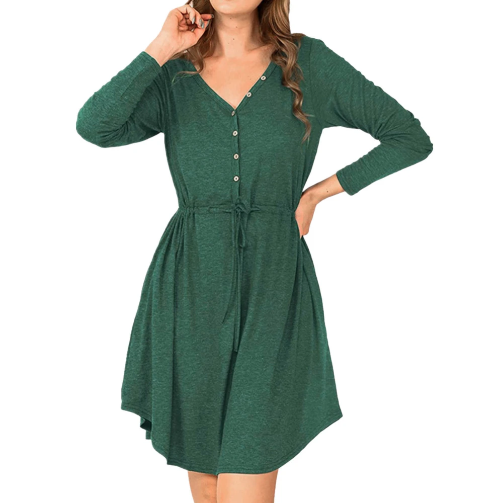 Women Dress with Belt Buttons Pure Color V Neck Long Sleeved Short Dress for Fall Winter Green XL