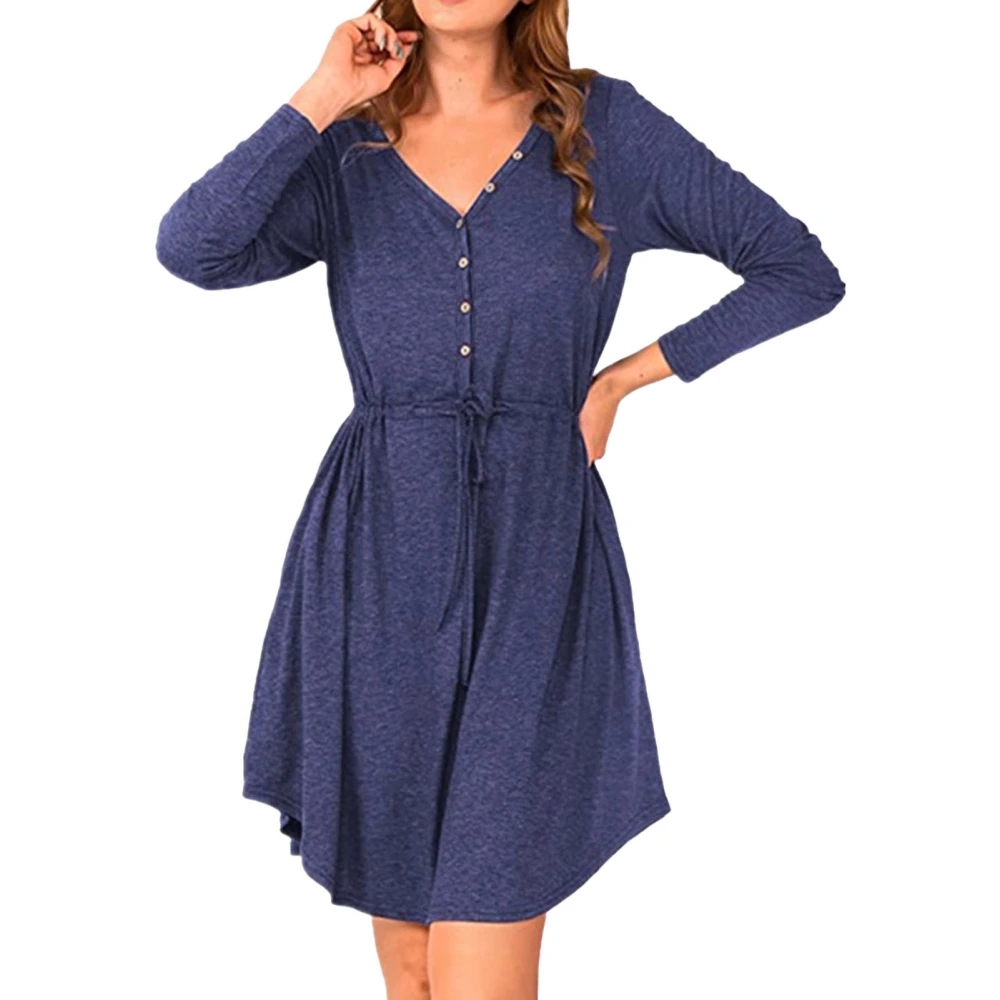 Women Dress with Belt Buttons Pure Color V Neck Long Sleeved Short Dress for Fall Winter Dark Blue XL