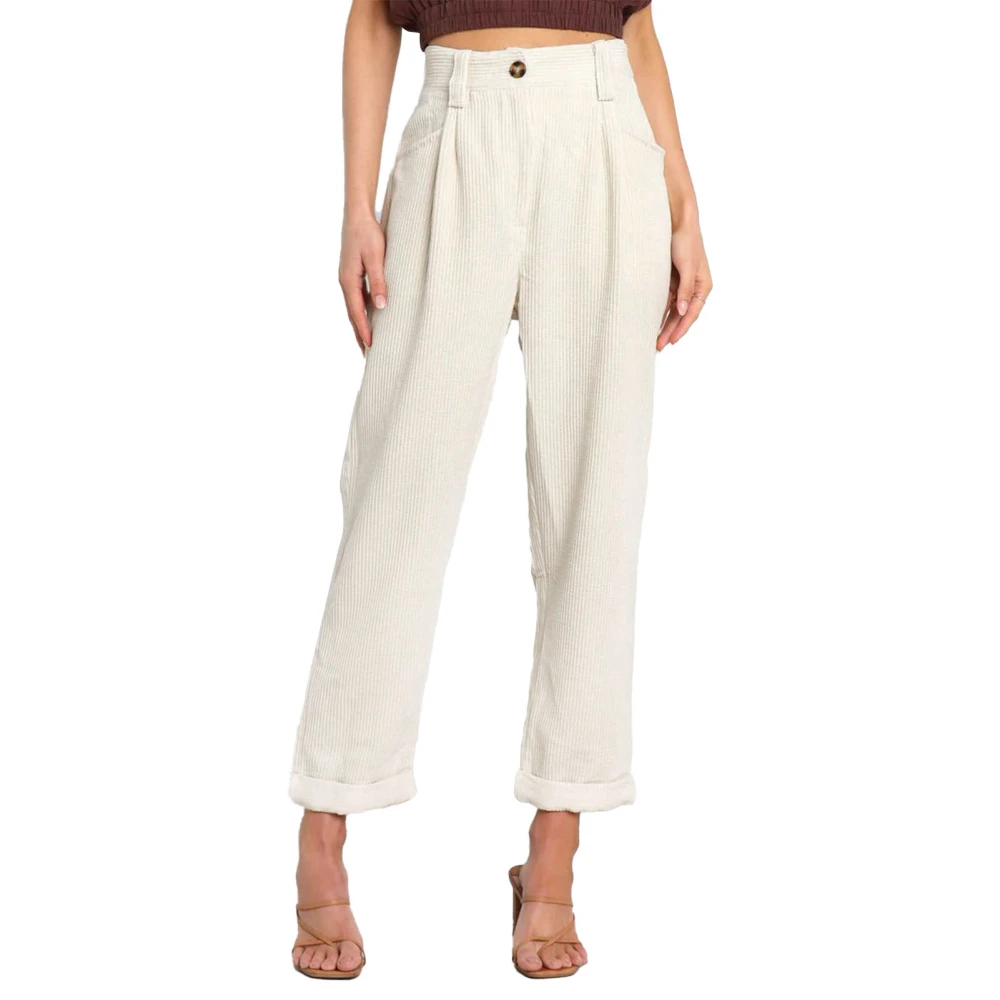 Women Corduroy Pants High Waist Straight Leg Long Pants Side Pocket Trousers Buttoned Casual Pants White L