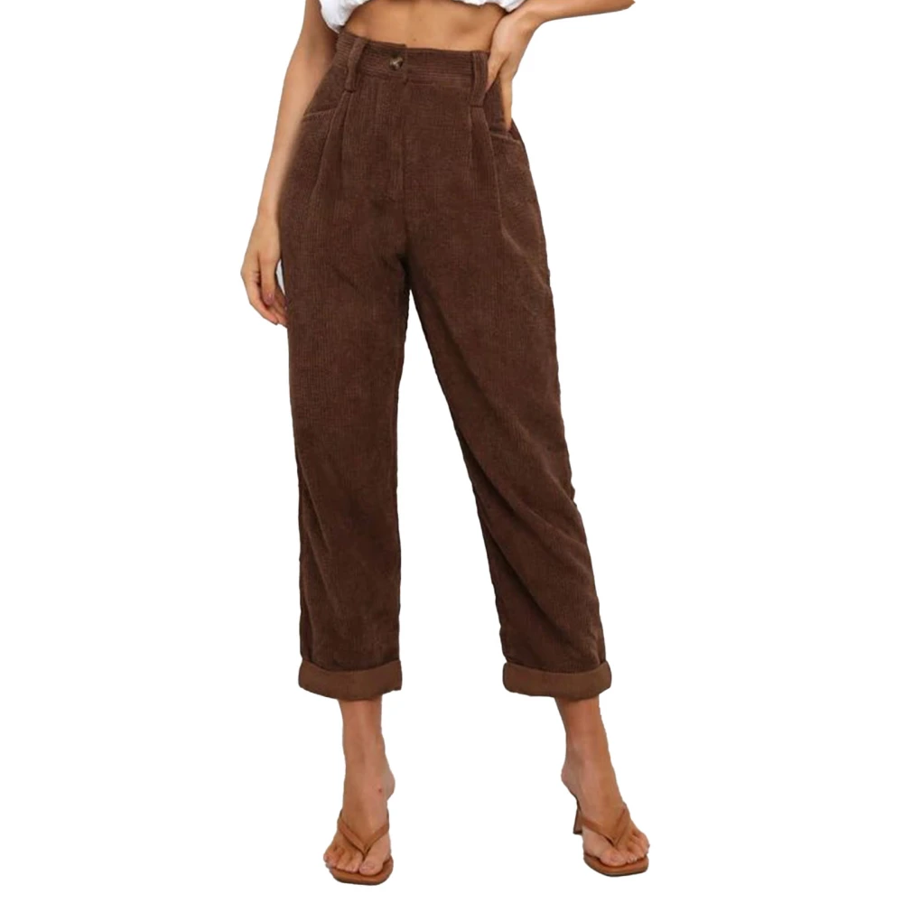 Women Corduroy Pants High Waist Straight Leg Long Pants Side Pocket Trousers Buttoned Casual Pants Chocolate S