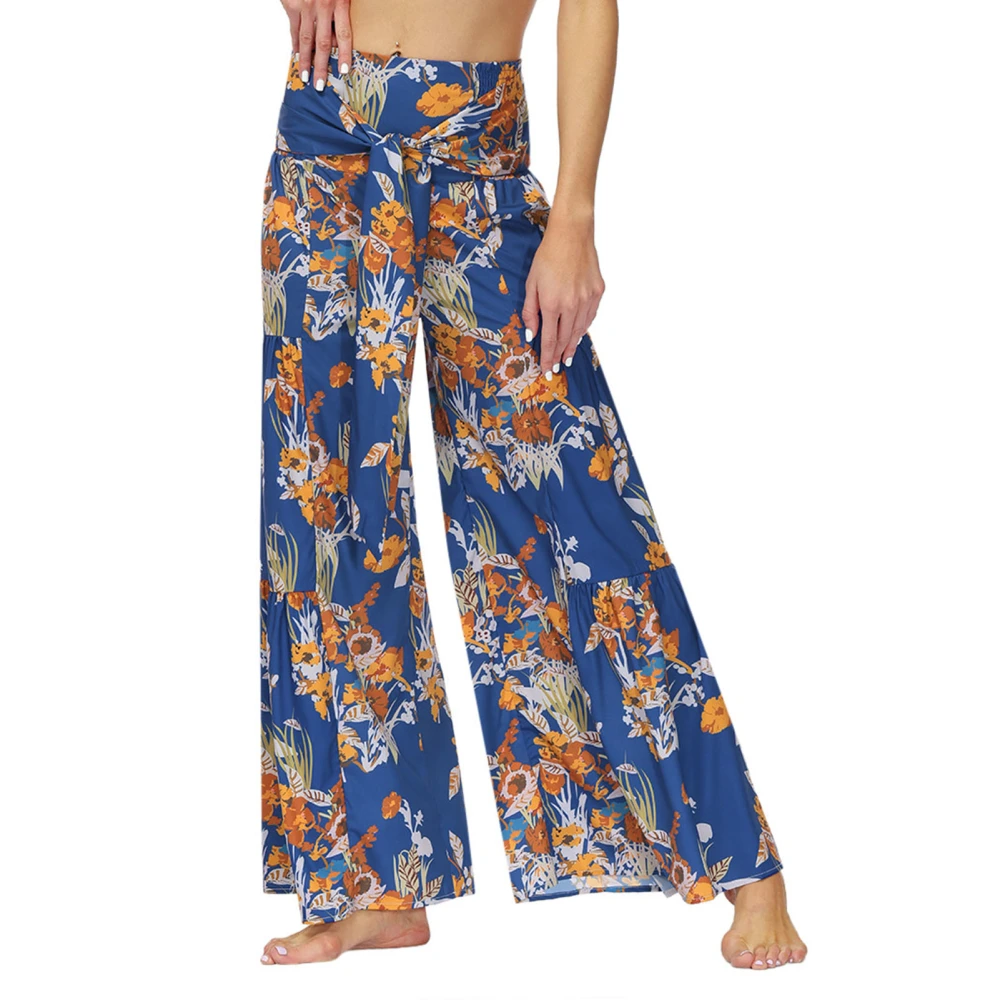 Printed Flare Leg Pants Women Loose Casual Fashionable High Waisted Belted Pants for Beach Party FKBB008 M