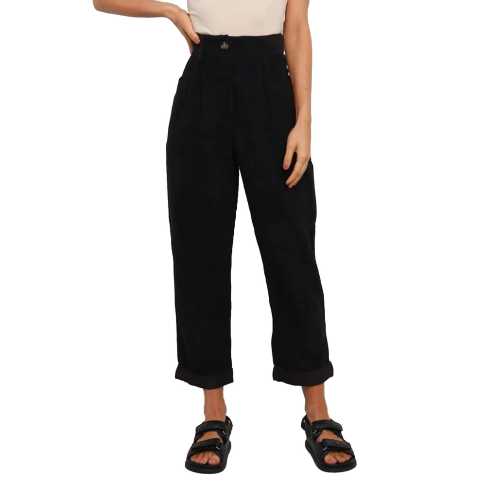 Women Corduroy Pants High Waist Straight Leg Long Pants Side Pocket Trousers Buttoned Casual Pants Black S