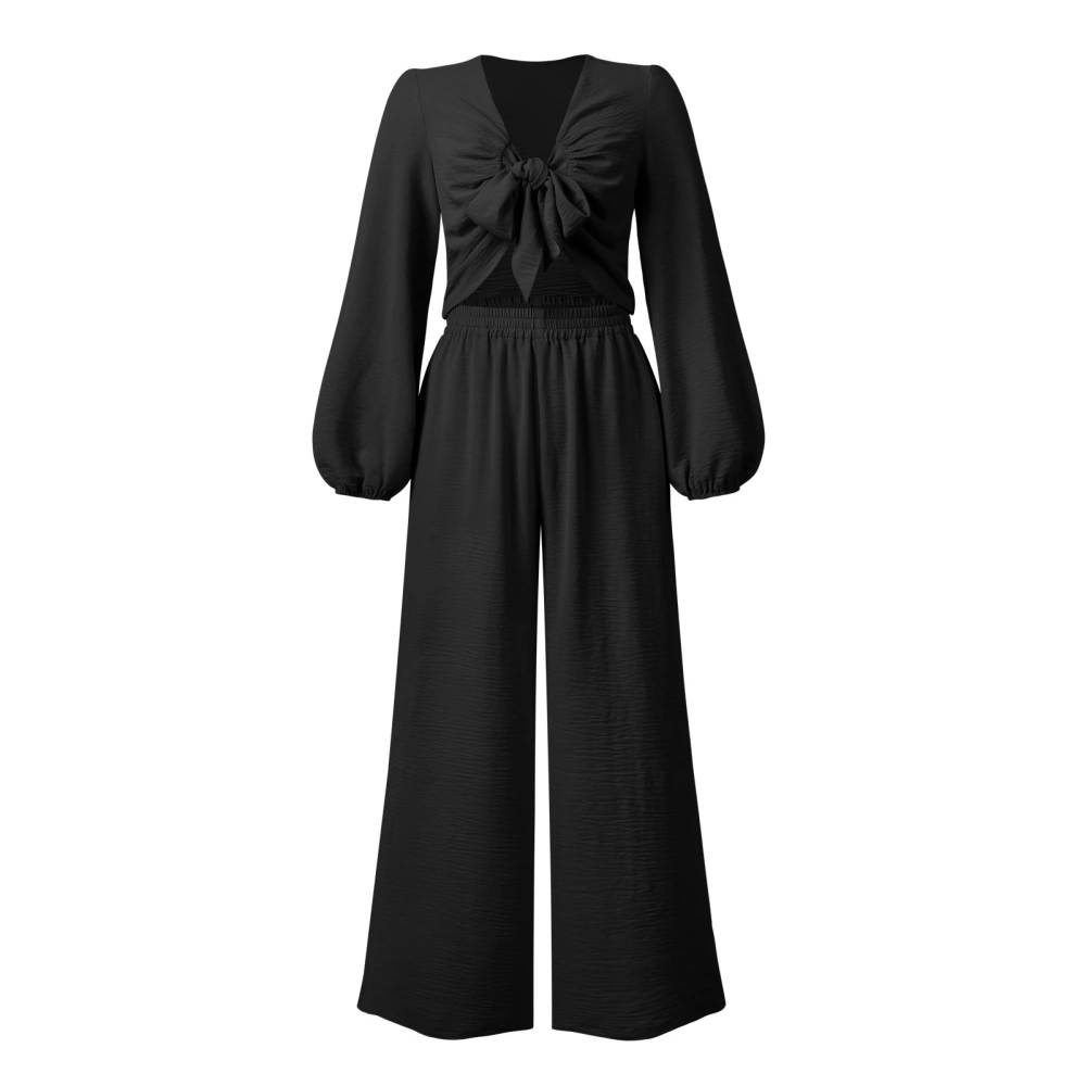 Women 2 Piece Outfits V Neck Tie Front Long Puff Sleeve Top Elastic High Waist Wide Leg Pants for Work Holiday Black S