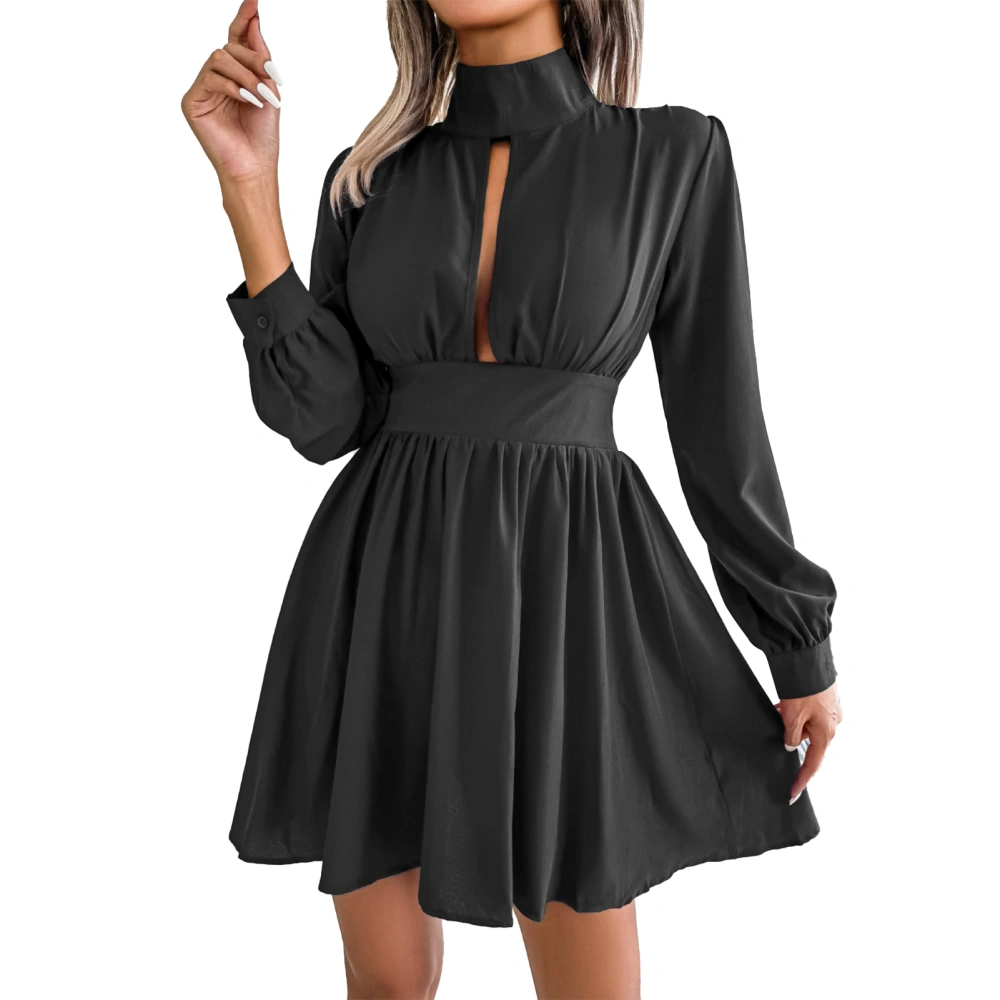 Solid Color Turtleneck Dress Long Sleeve High Waist Cutout Mini Pleated Dress for Dating Black XL