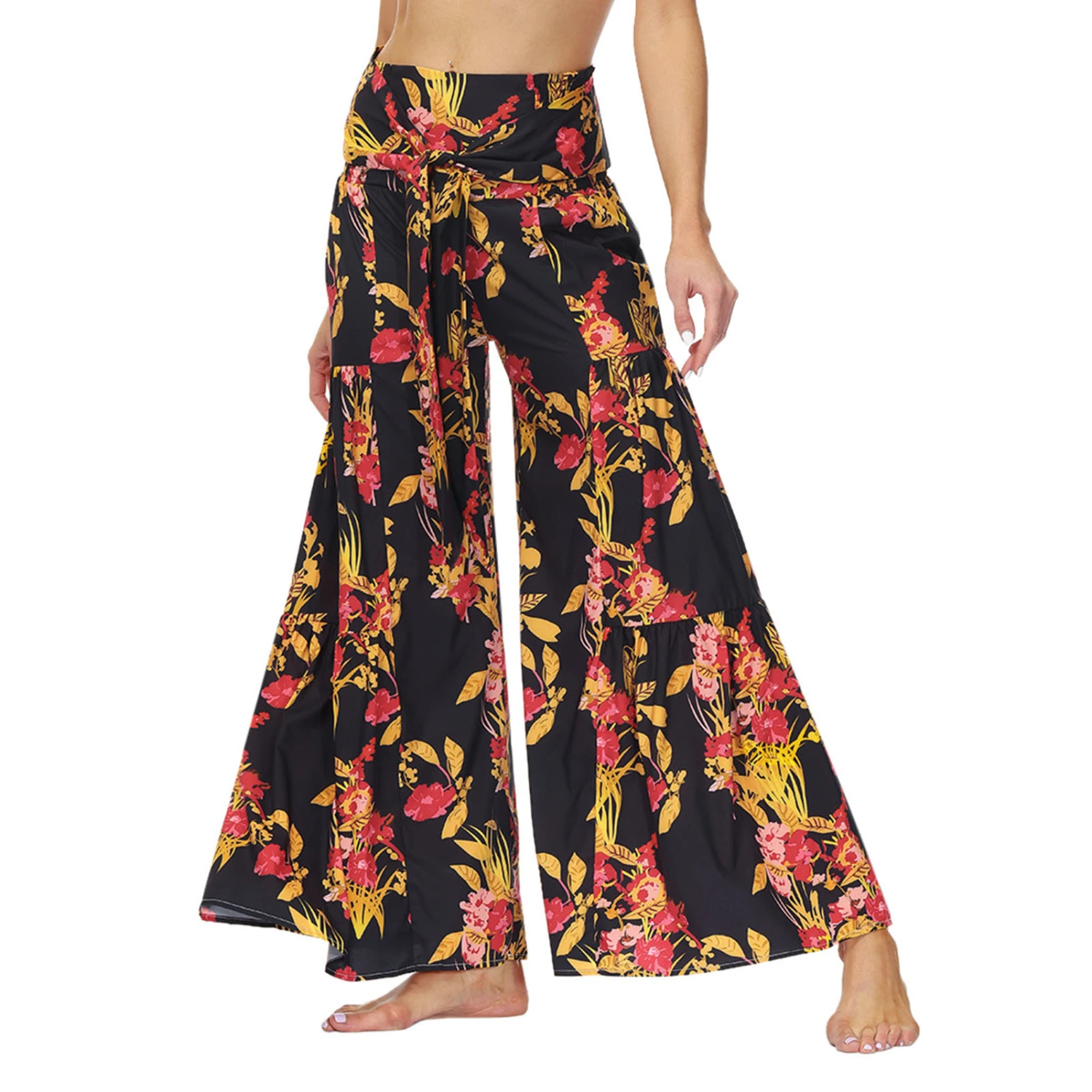 Printed Flare Leg Pants Women Loose Casual Fashionable High Waisted Belted Pants for Beach Party FKBB006 XL