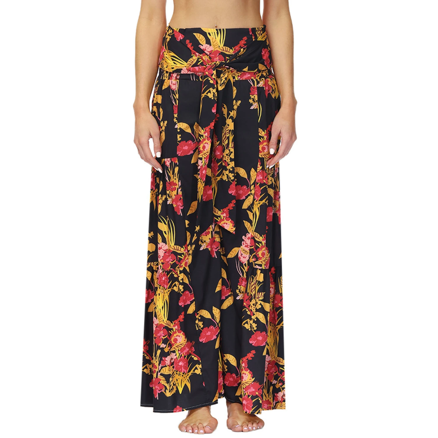 Printed Flare Leg Pants Women Loose Casual Fashionable High Waisted Belted Pants for Beach Party FKBB006 XL