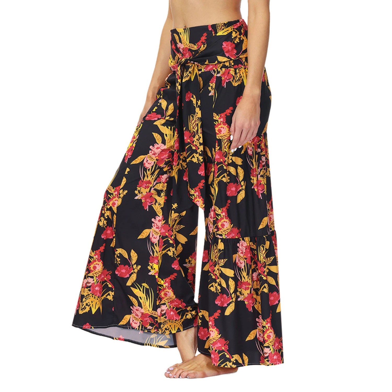 Printed Flare Leg Pants Women Loose Casual Fashionable High Waisted Belted Pants for Beach Party FKBB006 XL