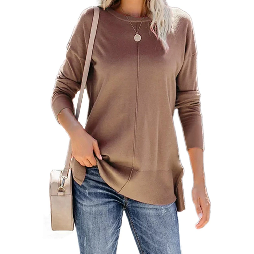 Women Long Sleeve Shirts Pure Color Casual Loose Crewneck Side Split Tunic Top for Daily Wear Khaki L