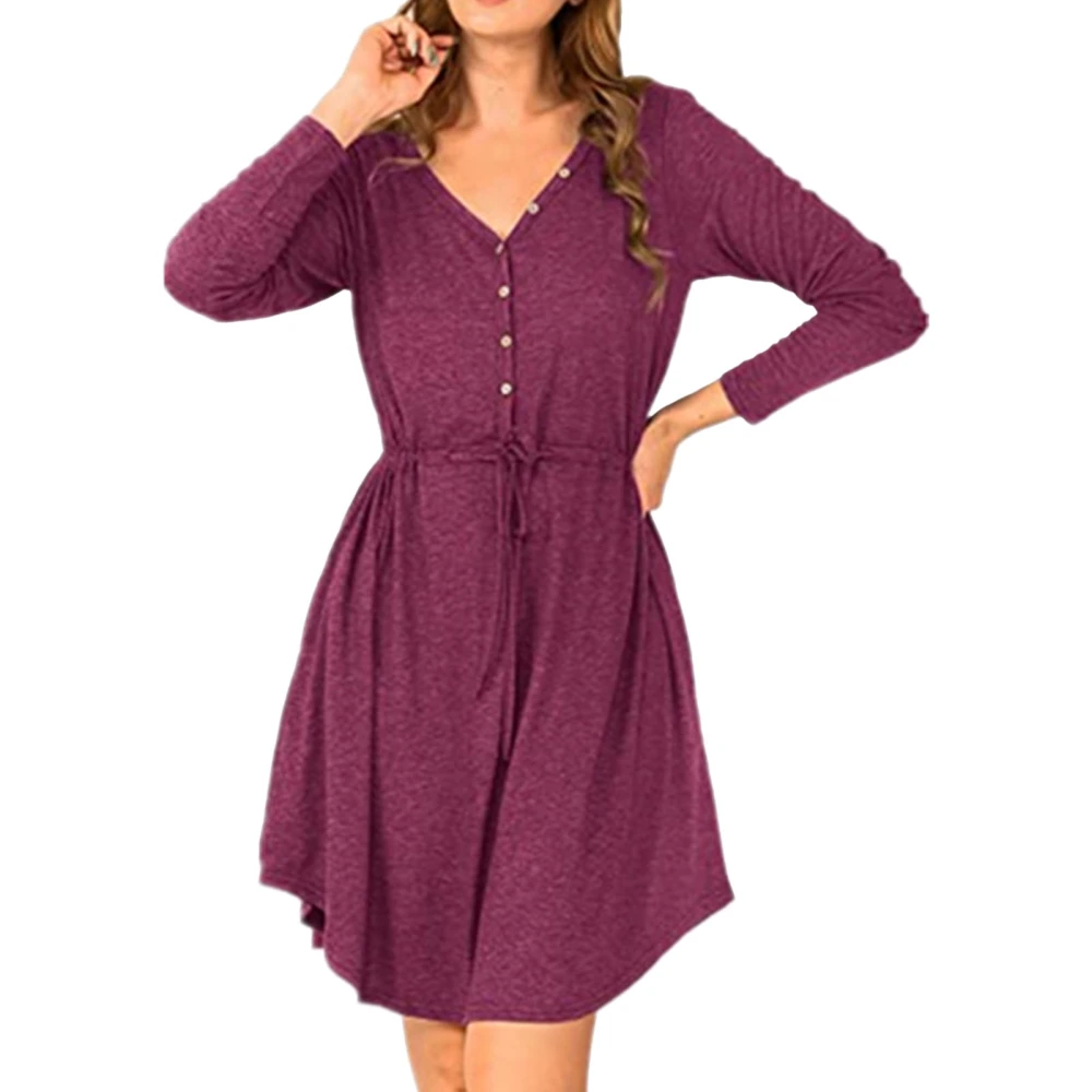 Women Dress with Belt Buttons Pure Color V Neck Long Sleeved Short Dress for Fall Winter Wine Red L