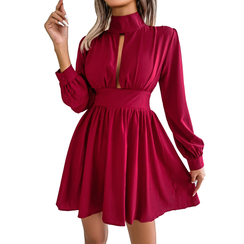 Solid Color Turtleneck Dress Long Sleeve High Waist Cutout Mini Pleated Dress for Dating Red S