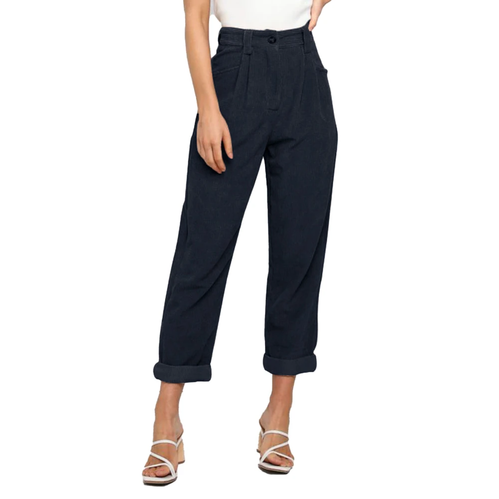 Women Corduroy Pants High Waist Straight Leg Long Pants Side Pocket Trousers Buttoned Casual Pants Dark Blue S