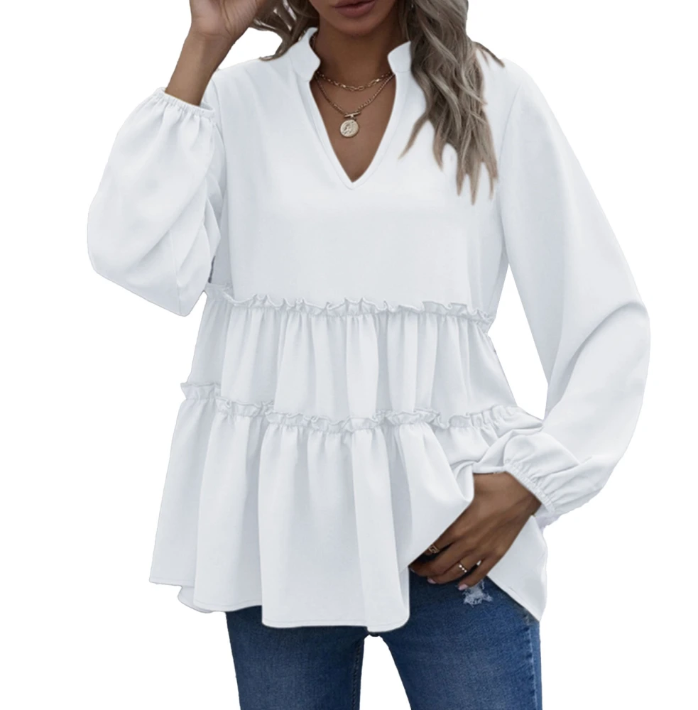 Tops Pure Color Polyester Fiber Machine Washable V Neck Ruffles Long Sleeved Blouse for Women White L