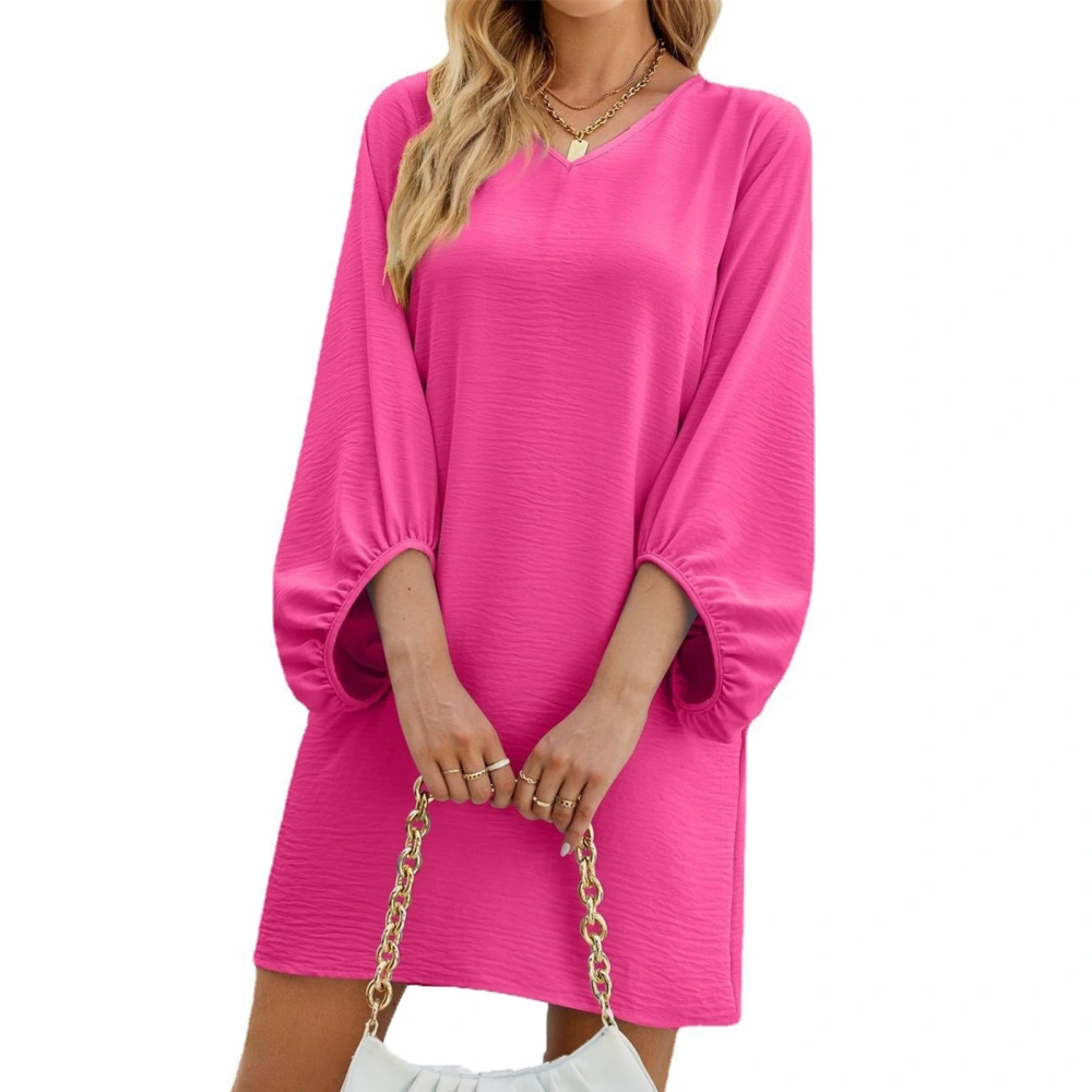 Solid Color Dress Loose V Neck 3/4 Puff Sleeve Women Dress for Office Date Vacation Rose Red M