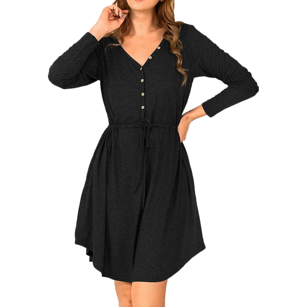 Women Dress with Belt Buttons Pure Color V Neck Long Sleeved Short Dress for Fall Winter Dark Grey XL