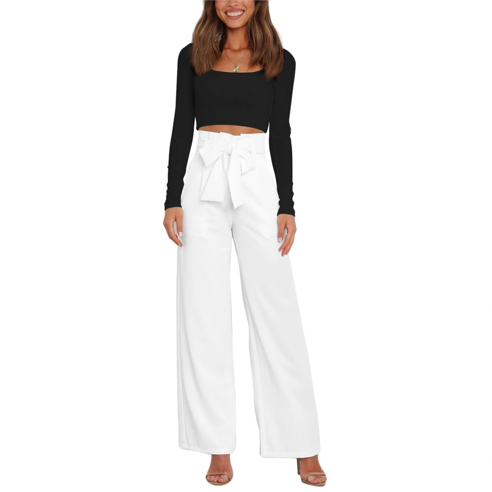 Women Wide Leg Long Pants High Waist Strap Pure Color Breathable Pants for Lady Girls White M