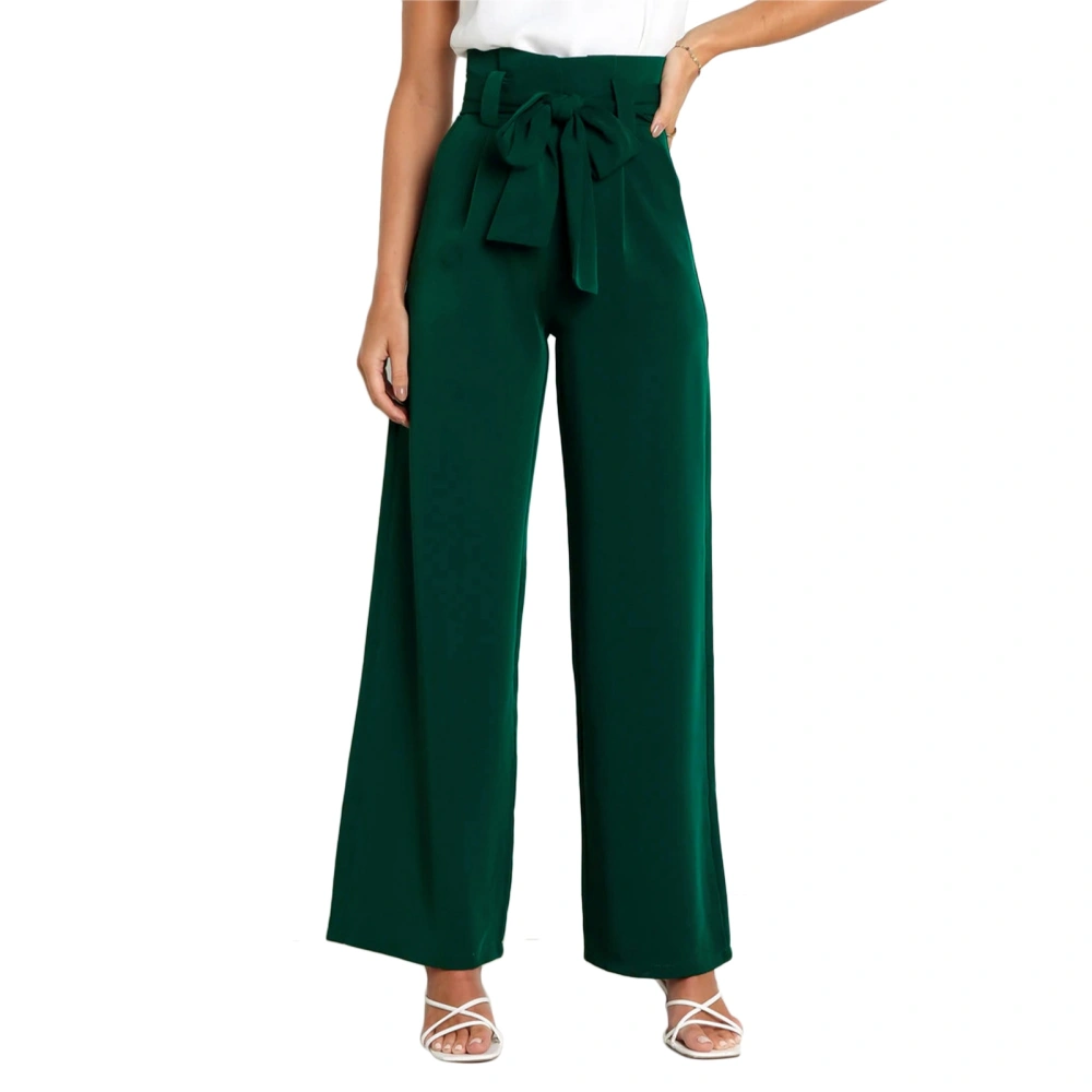 Women Wide Leg Long Pants High Waist Strap Pure Color Breathable Pants for Lady Girls Blackish Green S