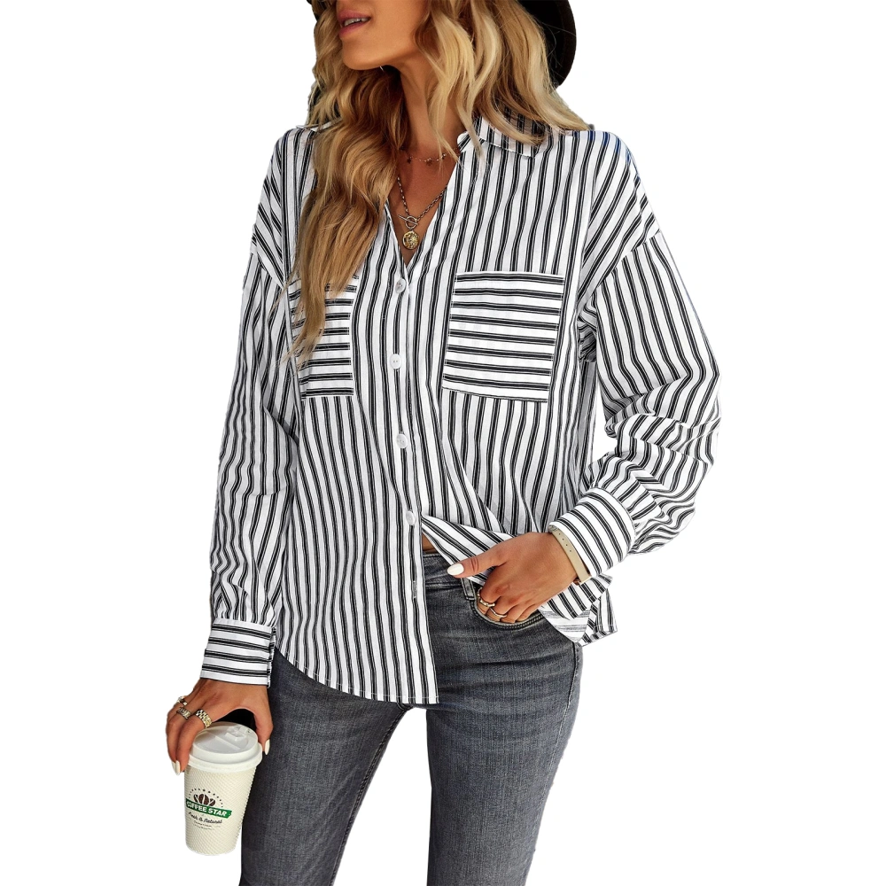 Women Striped Blouse Button Down with Pocket V Neck Long Sleeve Top Shirt for Daily Wear Black S