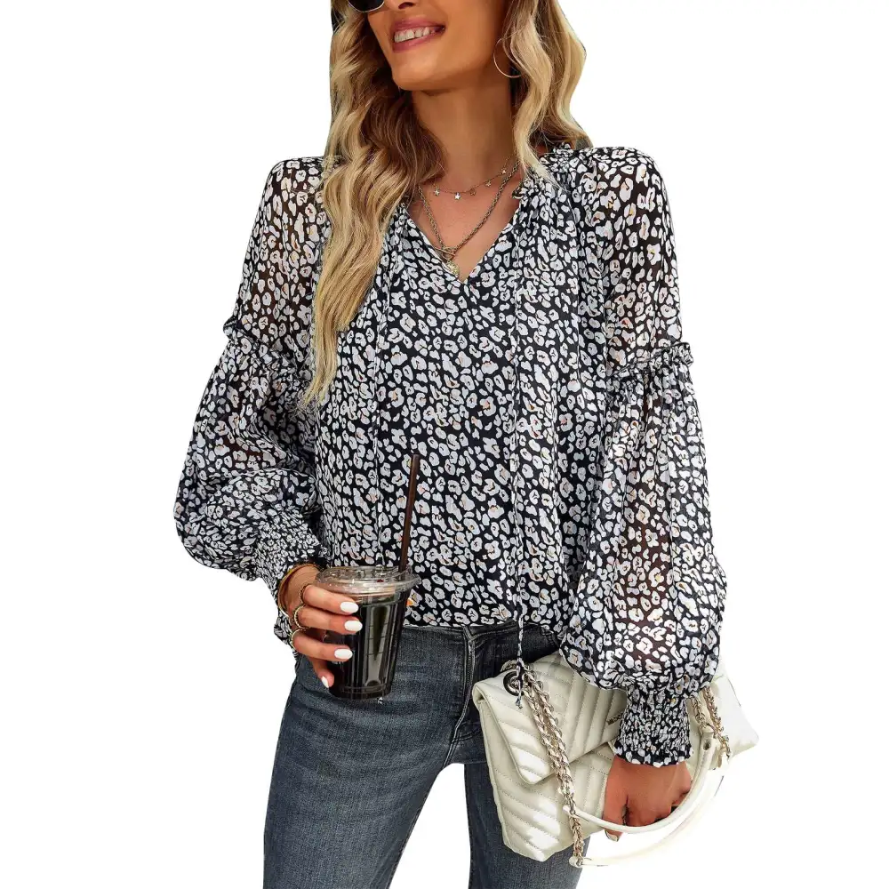 Woman Blouse Long Sleeve V Neckline Spliced Lace Floral Printed Lovely Female Shirt for Work Home Black XL