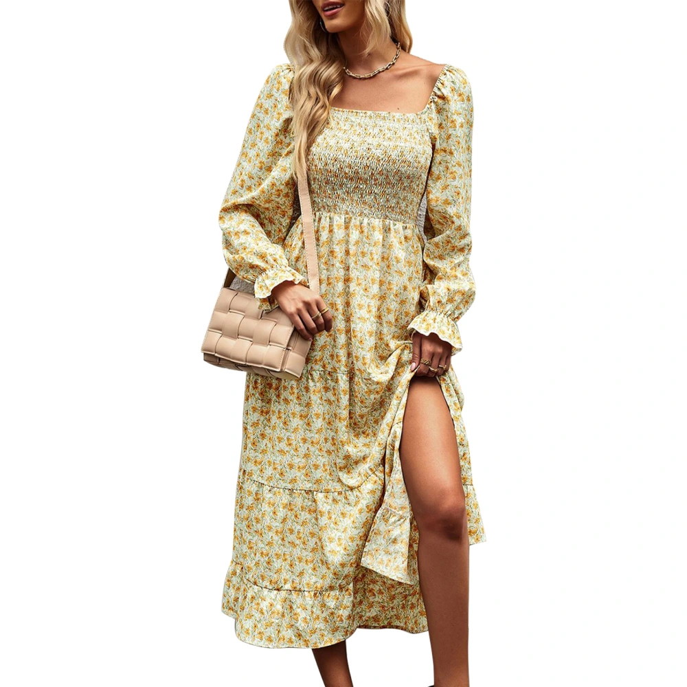 Boho Floral Print A Line Dress Long Sleeve Square Neck Tube Ruffle Hem High Waist Midi Dress Orange M