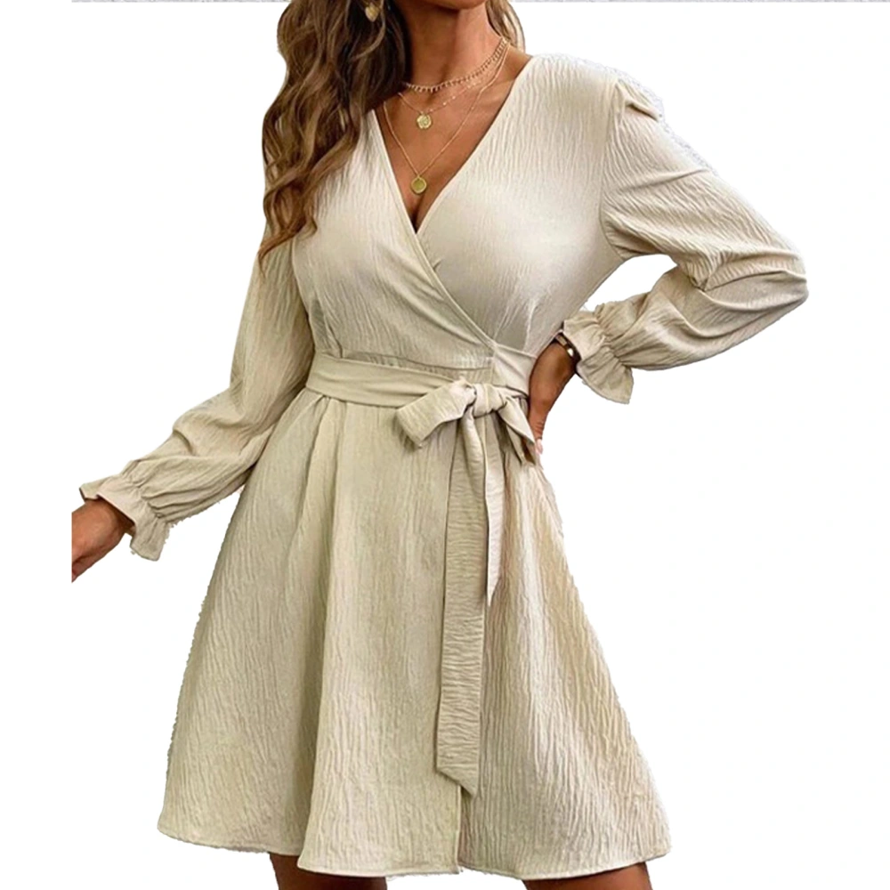 V Neck Dress Pure Color Balloon Long Sleeves Polyester Fiber Casual Belted Dress for Daily Shopping Beige XXL