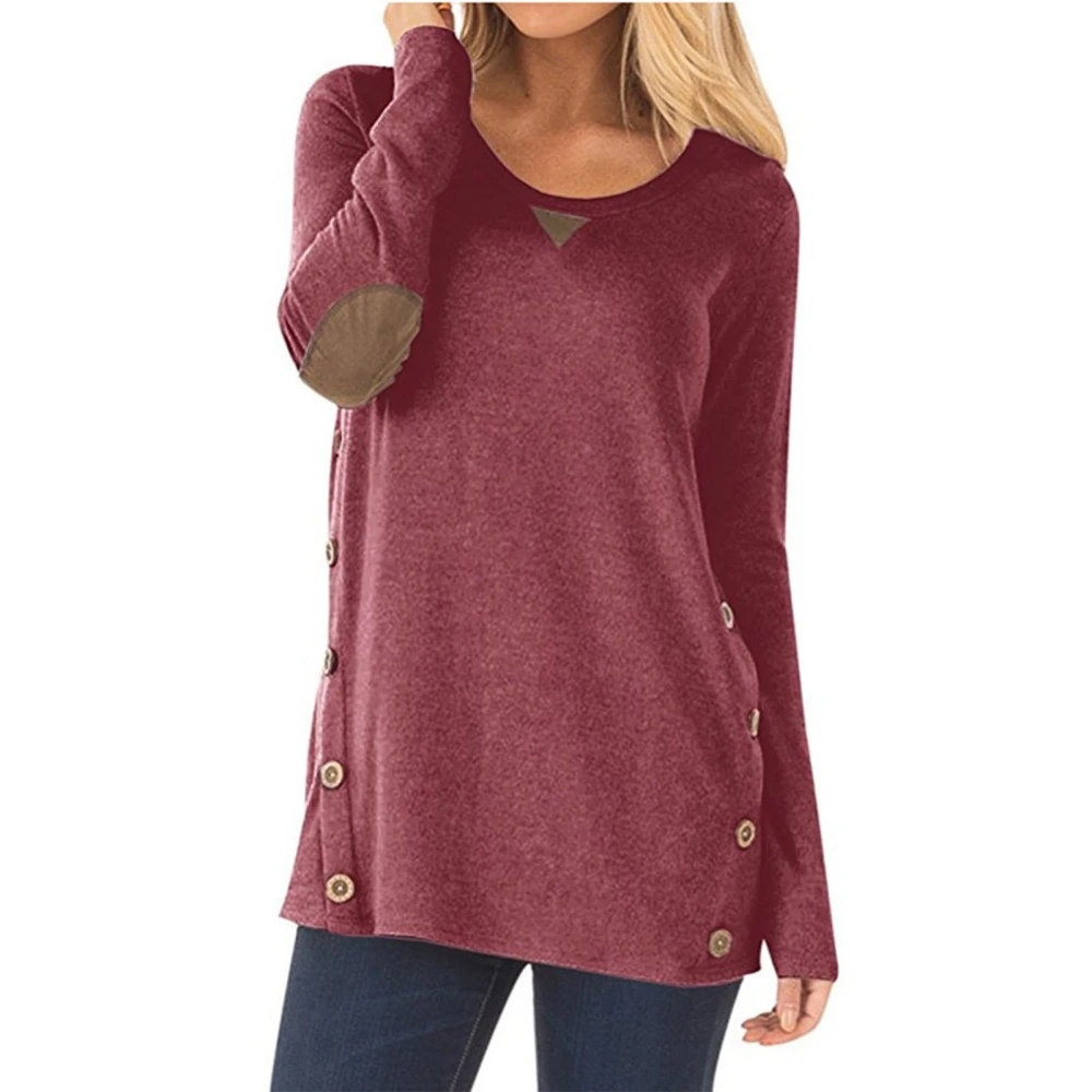 Round Neck Long Sleeve Top for Women Button Patch Decorative Wear Resistant Polyester Casual Crewneck Top for Daily Office Wine Red XL