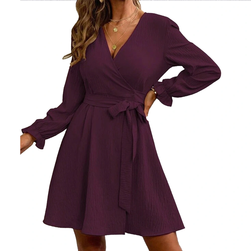 V Neck Dress Pure Color Balloon Long Sleeves Polyester Fiber Casual Belted Dress for Daily Shopping Amaranth L