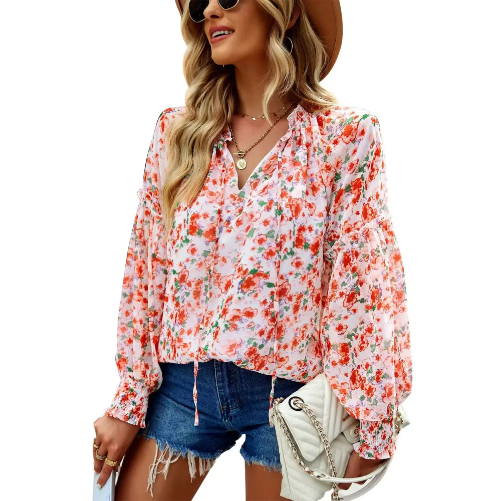 Woman Blouse Long Sleeve V Neckline Spliced Lace Floral Printed Lovely Female Shirt for Work Home Pink M