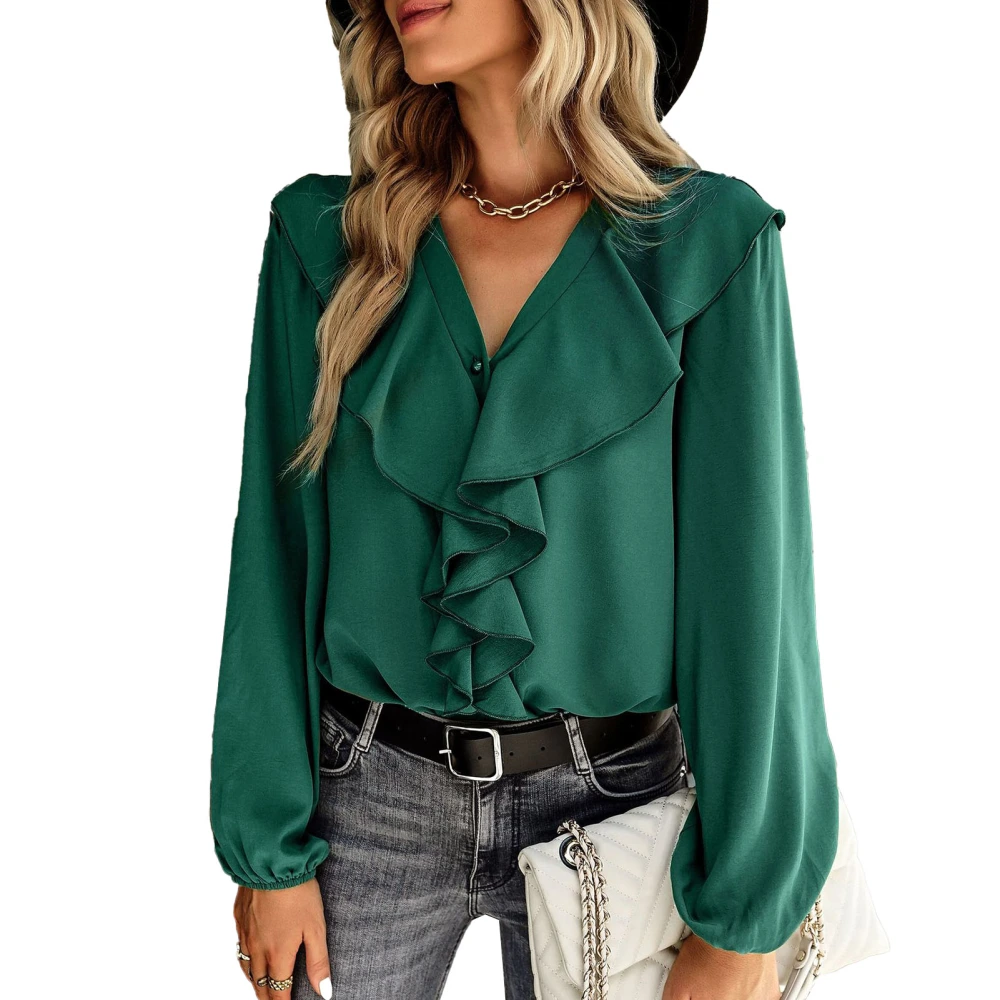 Long Sleeve Blouse V Neck Ruffle Lace Splicing Design Loose Fit Pure Color Women Casual Top for All Seasons Green XL