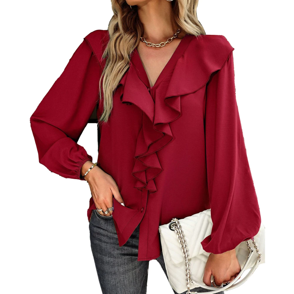 Long Sleeve Blouse V Neck Ruffle Lace Splicing Design Loose Fit Pure Color Women Casual Top for All Seasons Wine Red M