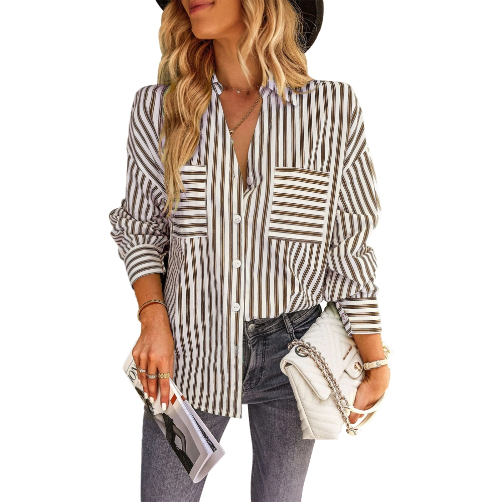 Women Striped Blouse Button Down with Pocket V Neck Long Sleeve Top Shirt for Daily Wear Brown M