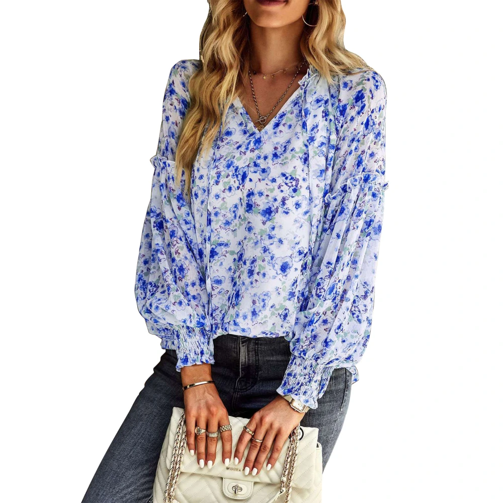 Woman Blouse Long Sleeve V Neckline Spliced Lace Floral Printed Lovely Female Shirt for Work Home Blue S