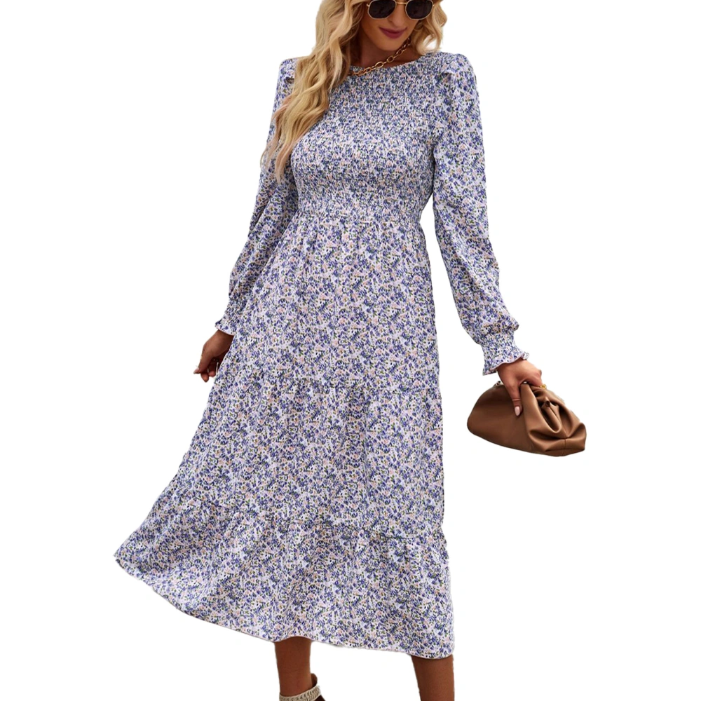 Floral High Waist Dress Long Sleeve Stretchy Round Neck Polyester Fiber Midi Dress for Dating Pink L