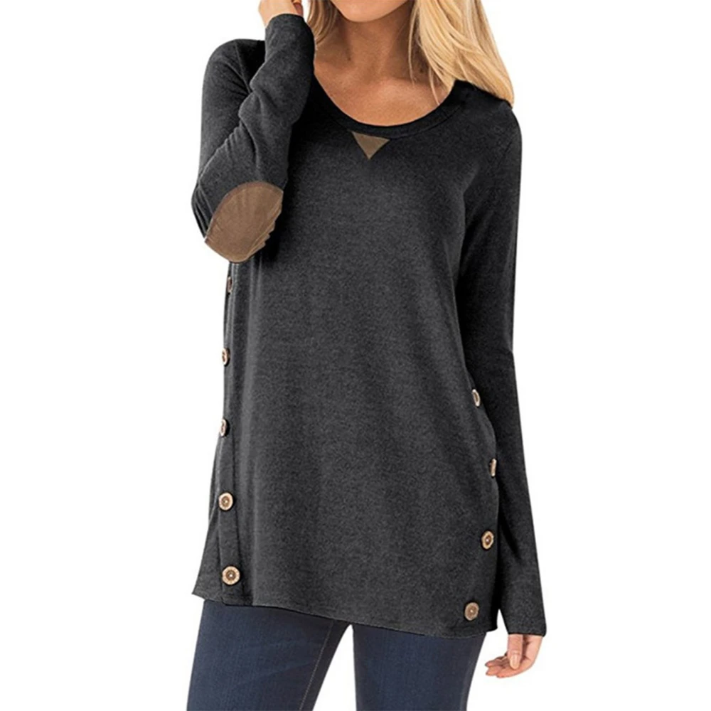 Round Neck Long Sleeve Top for Women Button Patch Decorative Wear Resistant Polyester Casual Crewneck Top for Daily Office Dark Gray XL