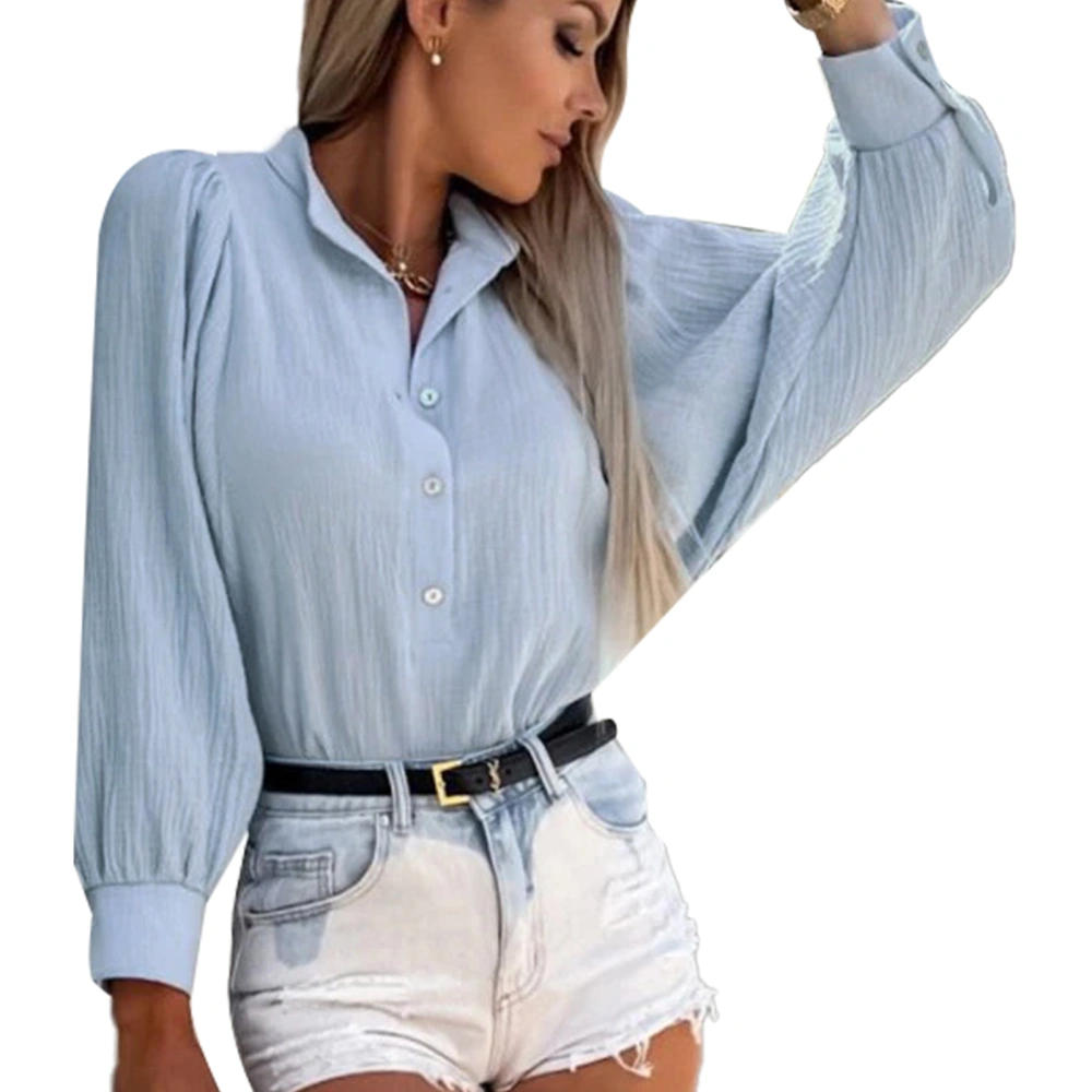 Woman V Neck Button Tops Lantern Long Sleeve Lapel Collar Loose Fit Casual Tunic Pleated Blouse Blue S