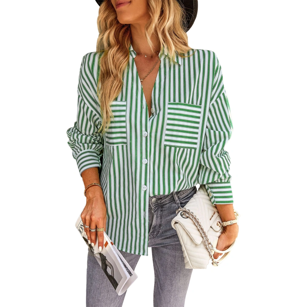 Women Striped Blouse Button Down with Pocket V Neck Long Sleeve Top Shirt for Daily Wear Green XL