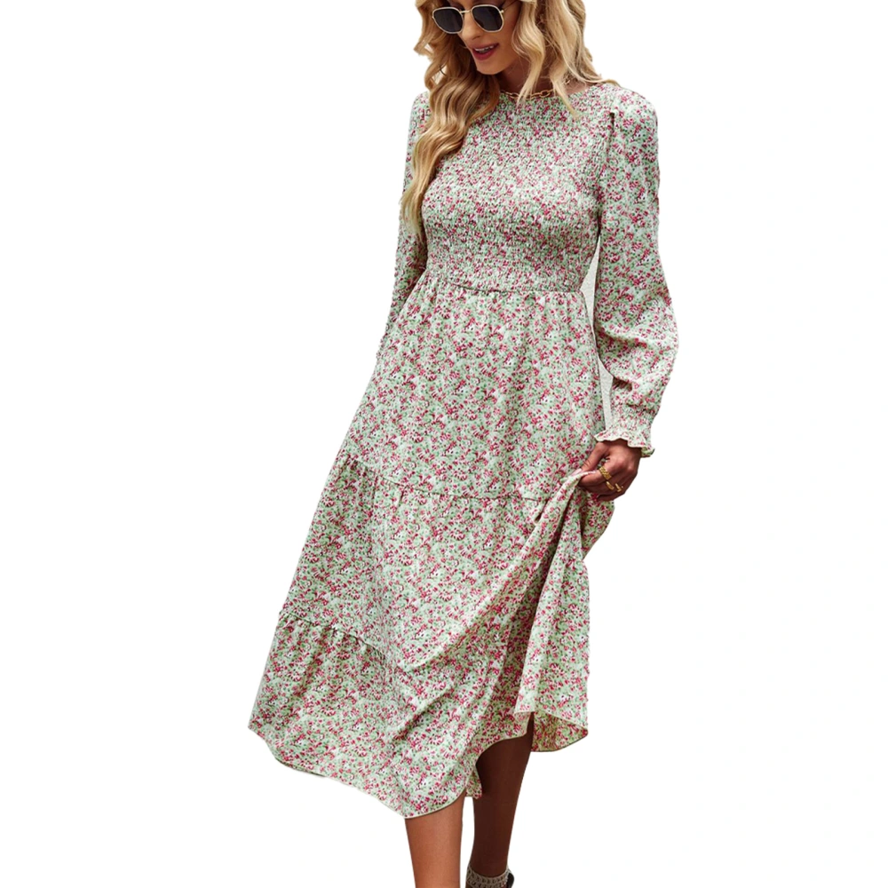 Floral High Waist Dress Long Sleeve Stretchy Round Neck Polyester Fiber Midi Dress for Dating Green L