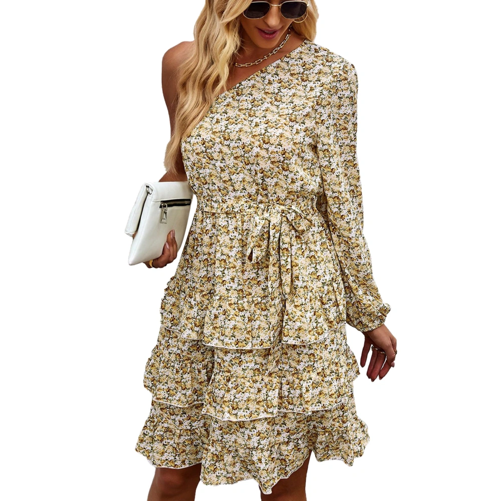 Women Dress Sloping Shoulder Long Sleeve One Piece Floral Pattern for All Seasons Yellow S