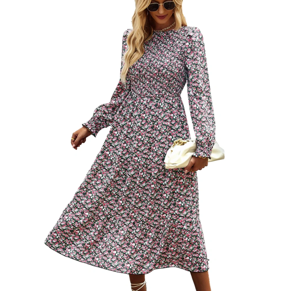 Floral High Waist Dress Long Sleeve Stretchy Round Neck Polyester Fiber Midi Dress for Dating Black XL