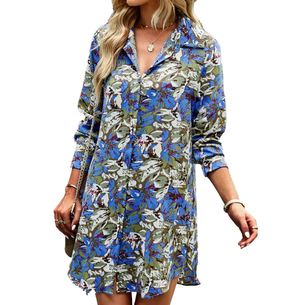 Women Button Down Printed Shirt Lapel Single Breasted Long Sleeve Blouse Abstract Floral Print Long Top for Daily Wear Blue S