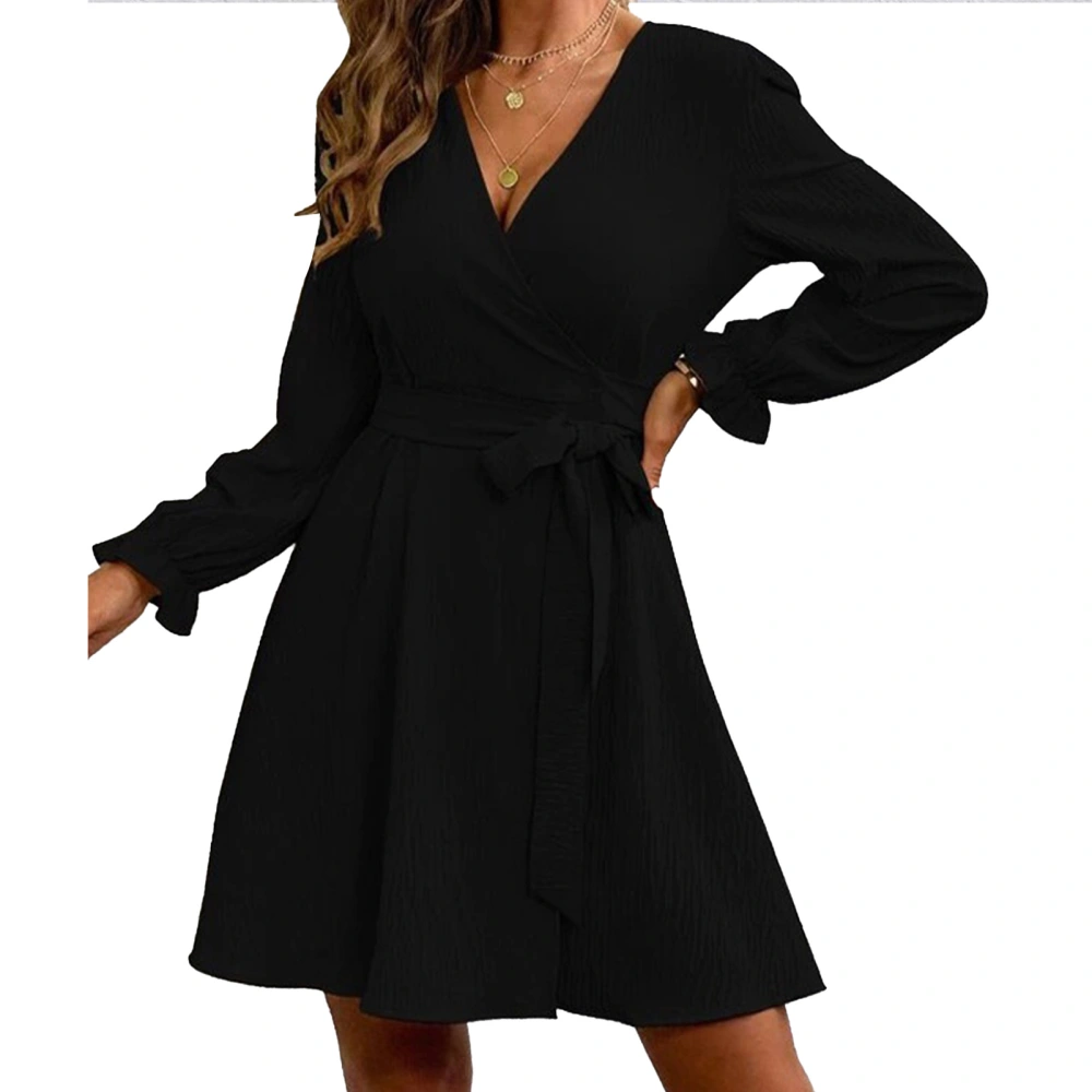 V Neck Dress Pure Color Balloon Long Sleeves Polyester Fiber Casual Belted Dress for Daily Shopping Black L