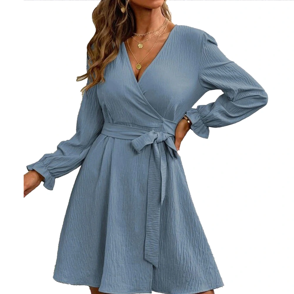 V Neck Dress Pure Color Balloon Long Sleeves Polyester Fiber Casual Belted Dress for Daily Shopping Blue L