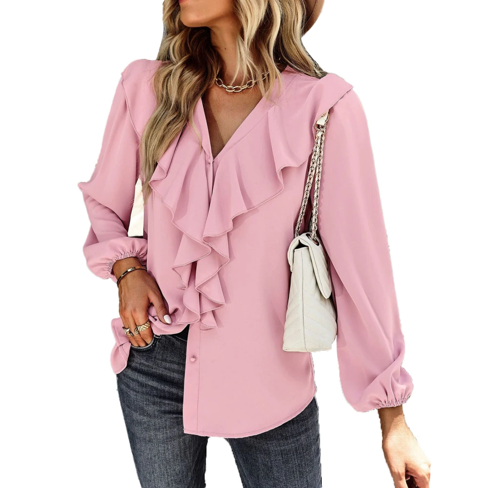 Long Sleeve Blouse V Neck Ruffle Lace Splicing Design Loose Fit Pure Color Women Casual Top for All Seasons Pink S