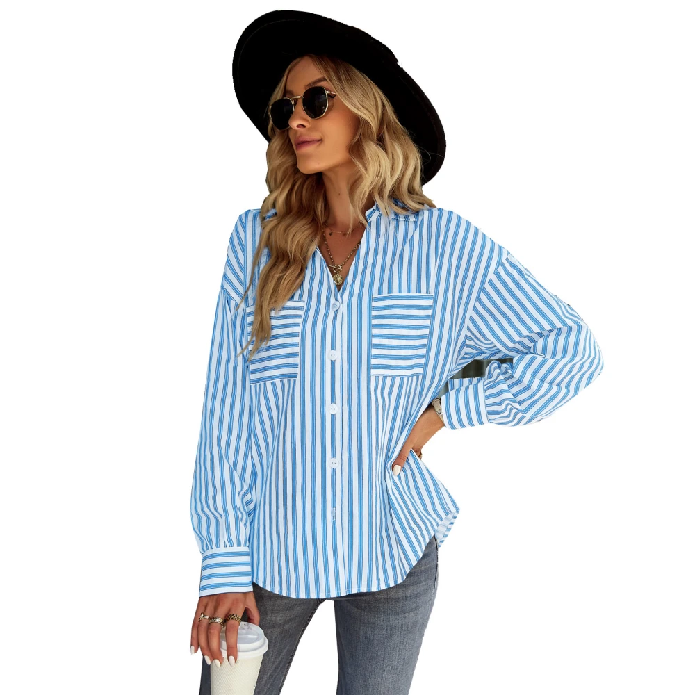 Women Striped Blouse Button Down with Pocket V Neck Long Sleeve Top Shirt for Daily Wear Blue M