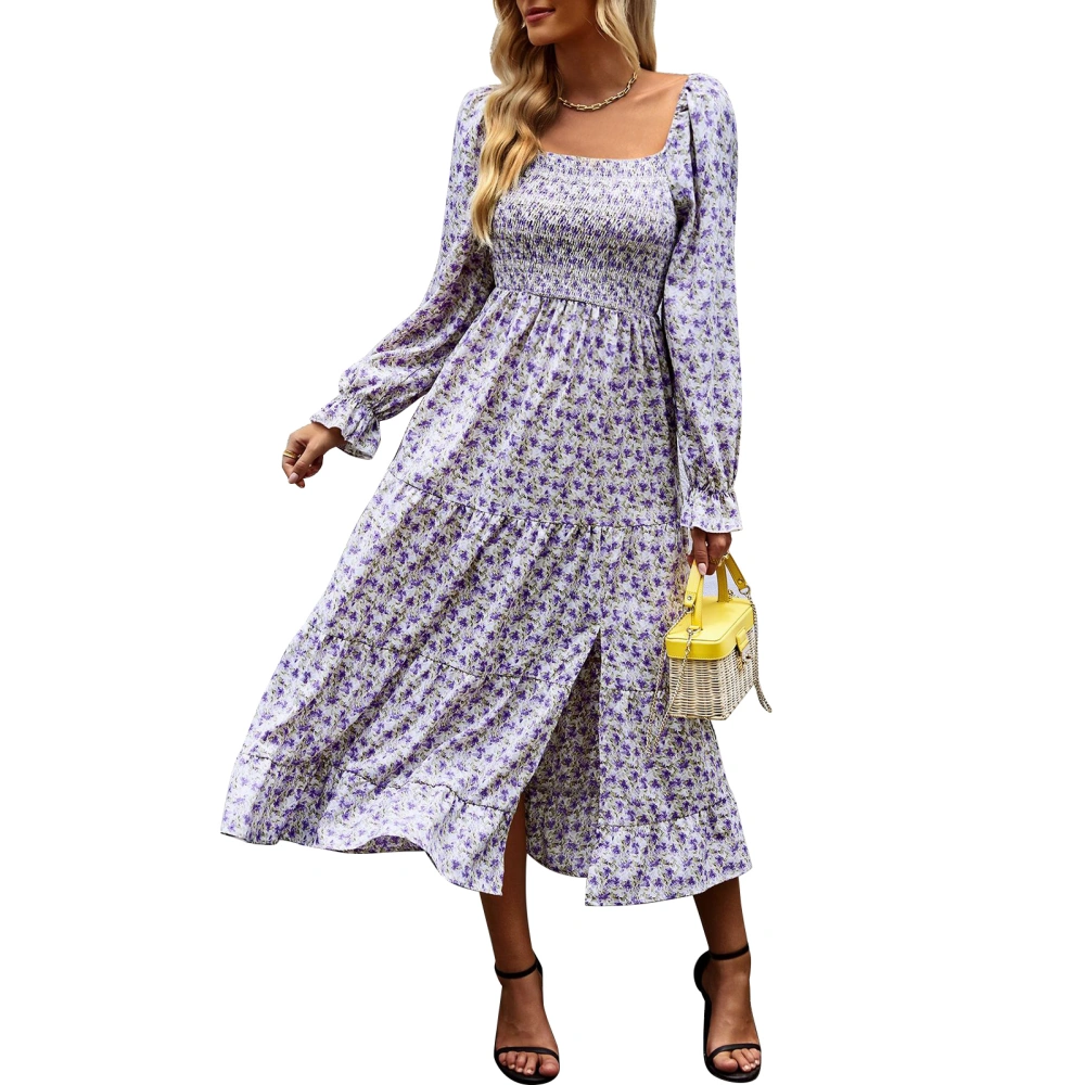 Boho Floral Print A Line Dress Long Sleeve Square Neck Tube Ruffle Hem High Waist Midi Dress Purple M